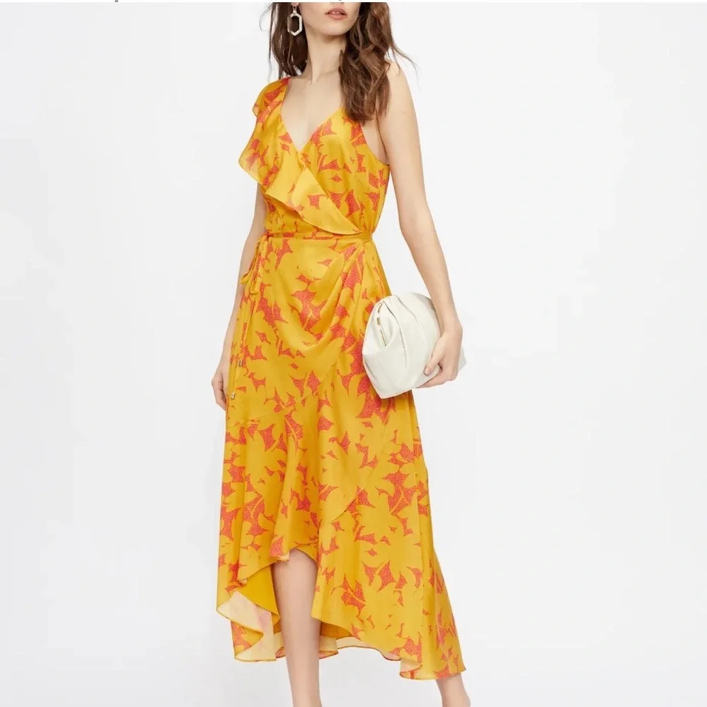 Ted Baker London Saraaa Ruffle Wrap Midi Dress Marigold Yellow Pink US Sz 12 NWT